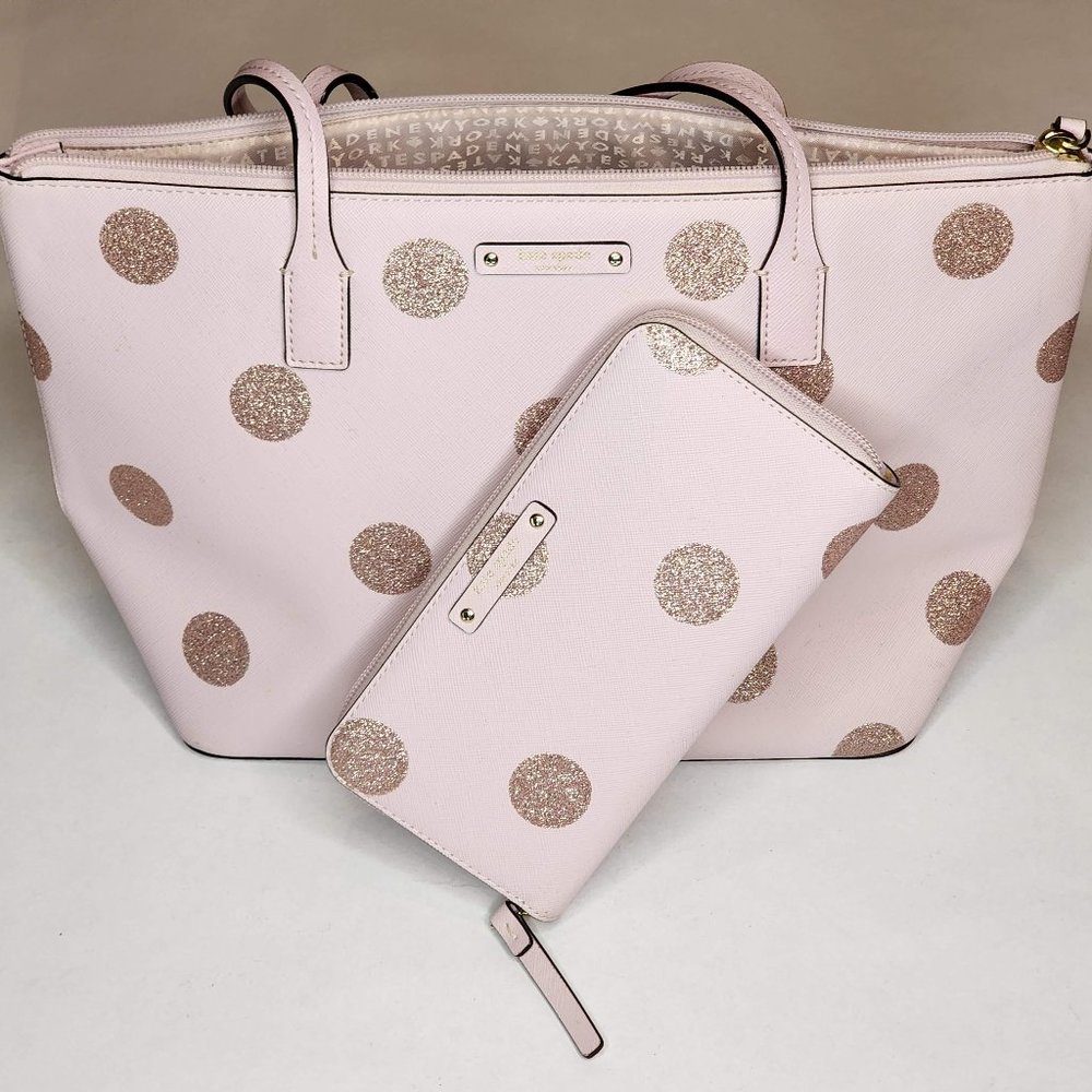 Kate Spade Pink with silver sparkle circles Purse AND matching billfold